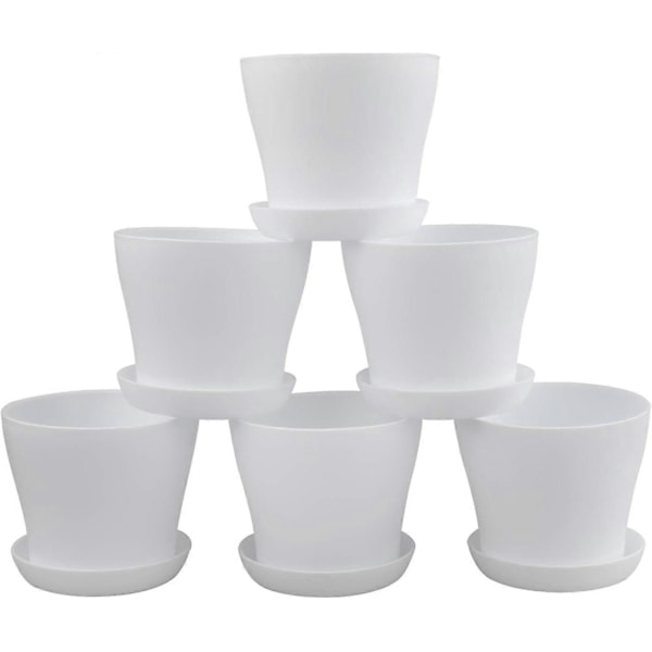 Sæt med 8 Små Hvide Plastik Blomsterpotter 10cm til Kontor, Hjem, Kontor med Bakker/Paller