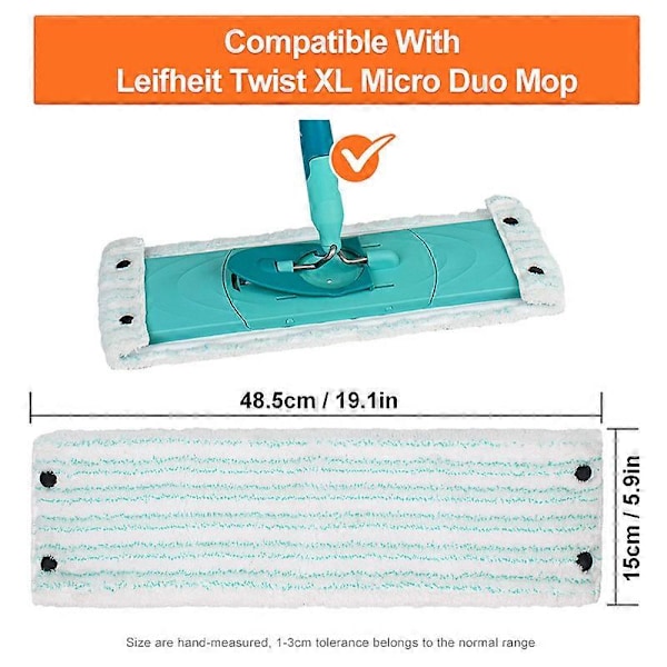 Pakke med 2 moppehoderstatninger for Leifheit Clean Twist/Combi M Micro Duo - Frynset klut 48,5 x 15 cm, Kompatibel Leifheit mopp, Mikrofiber erstatningsmopper