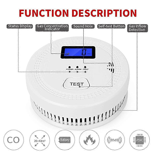 2 i 1 CO- og røykvarsler, karbonmonoksiddetektorer, røykdetektor, 85DB i alarm, kompatibel med, LCD-skjerm, A