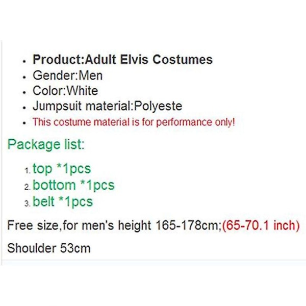 Elvis Kostymer Super Star Kostym Cosplay Celebrity Party Ball Vintage Rock Kläder Vuxen Jumpsuit+bälte