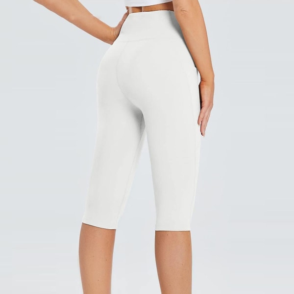 Tflycq Knälånga Leggings för kvinnor med hög midja Yogaträning Träning Capris för casual sommar med fickor White M