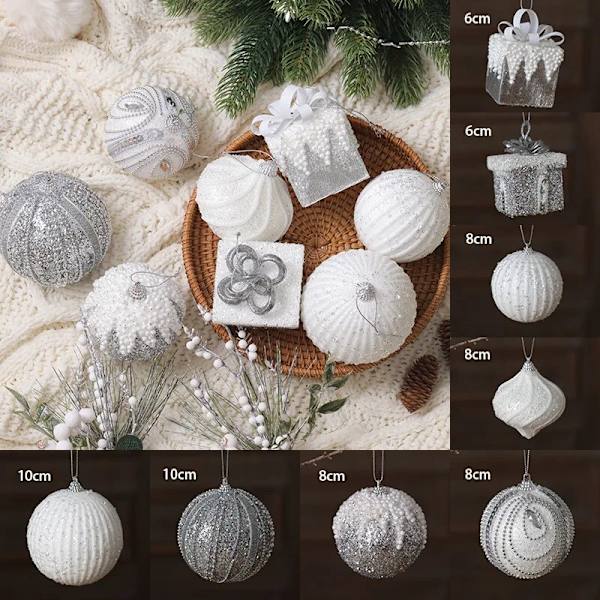 Champagne Julgransdekorationer Bollar Bauble Xmas Party Hängande bollprydnader Juldekorationer för hem Nyårspresent Silver and white A