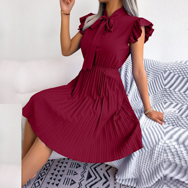 Vår sommar Elegant snörning hög midja Stor plisserad klänning dam rosettklänning Claret XL