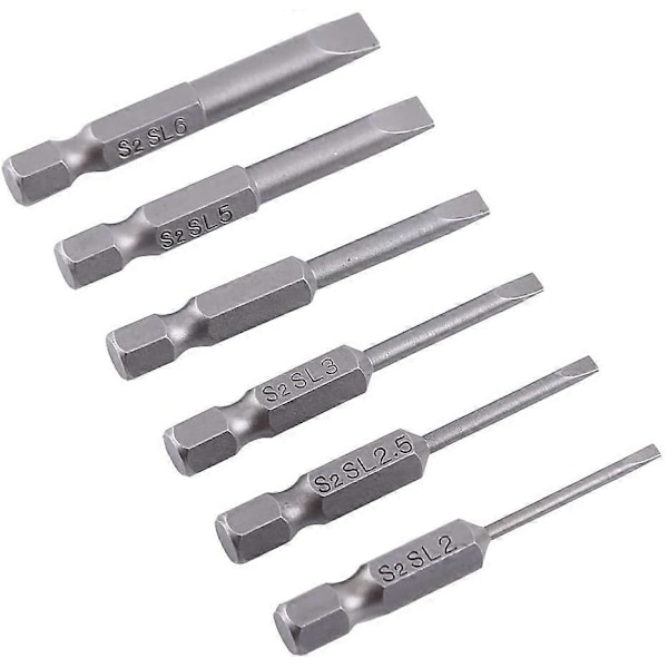 6 stk. 50mm 2.0-6.0mm Flat Head Slotted Bit Skrutrekker Bits Sett S2 Legering Magnetisk 0.25\" Hex Slotted Skrutrekker Bits