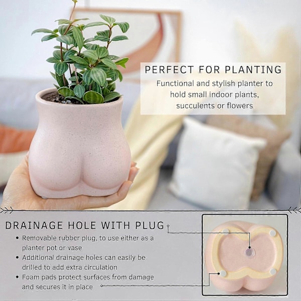 Keramisk Rumpe Plantepotte, Plantekasse med Drenering for Blomster, Kunst Damevaser Boho Chic Hjemmeinnredning (Bottom, Spettet Rosa)