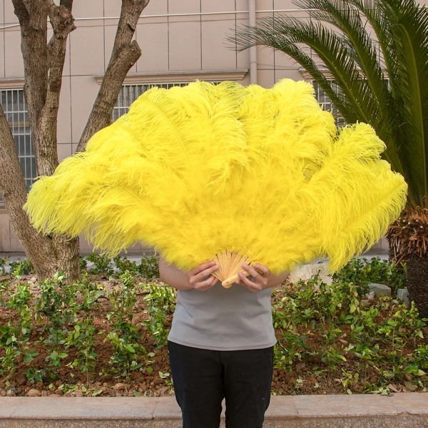 Läder Rosa strutsfjäderfläkt för fabrikat Handfällbar plymfläkt Performance Dansfans Festscen Karnevalsshow rekvisita 60/100 cm Yellow 2pcs