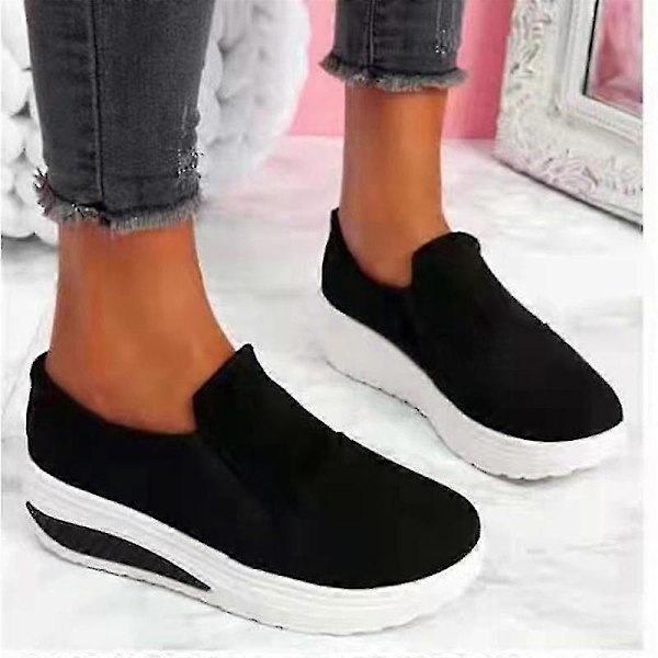 Tykk Platform Hælede Sko til Kvinder Pu Ruskind Loafers Casual Stødabsorberende Slip On Sko Til Daglig Solid-jie