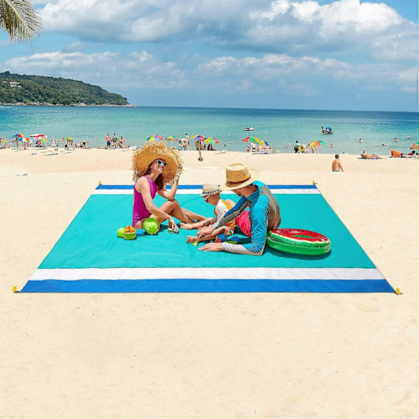 Strandtæppe, sandafvisende strandmåtte 200 x 208 cm, egnet til 1-3 voksne, vandtæt letvægts picnicmåtte til rejser, camping, vandring (søblå)