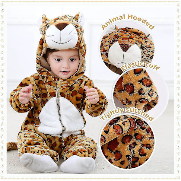 Unisex baby Vinter Höst Flanell Huva Romper Cosplay Jumpsuit Hög kvalitet Leopard 2 5 Months
