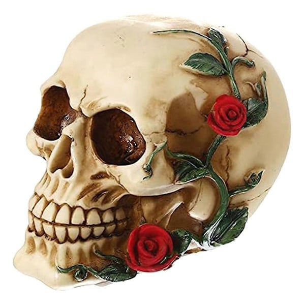Menneskekranie med Rose Resin Statue Lille Størrelse Hovedskulpturer Kranie Samlerobjekter Figurer