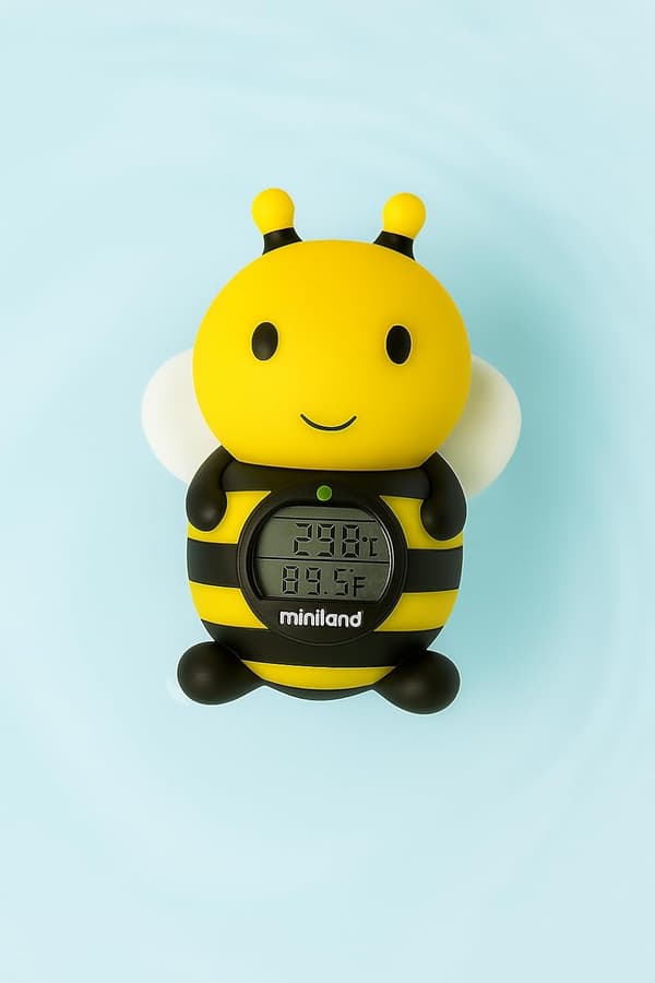 Miniland vandtermometer thermo badbee, babybadekartermometer og legetøj i ét, rumtemperatur, timer