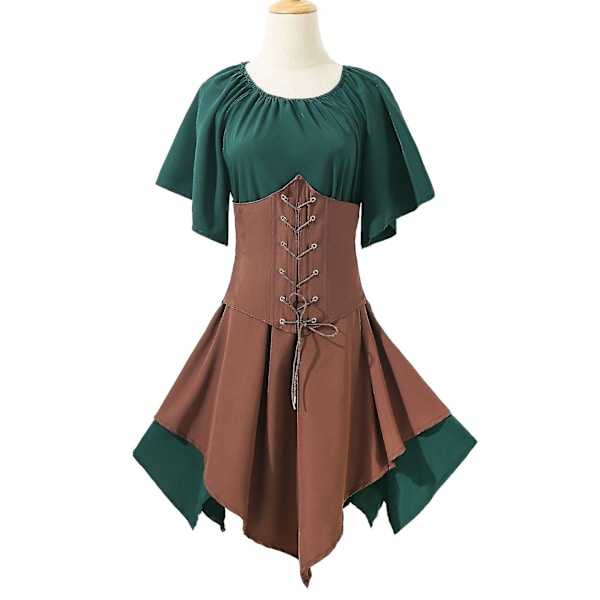 Snabb leverans Dam medeltida renässansdräkter Piratkorsettklänning för kvinnor Flare ärm Traditionell irländsk kort klänning Green-Khaki XL