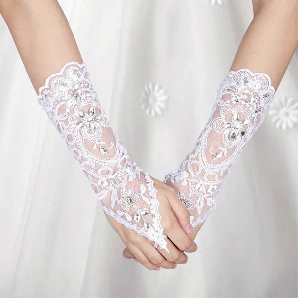 Retro Stil Elfenben Blonde Blomst Brud Brude Rhinestone Sexede Fingerløse Handsker Bryllup Hvid