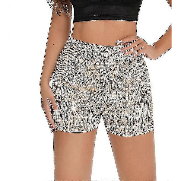 Paljettshorts för damer, hög elastisk midja, raka ben, enfärgade glittershorts för fest