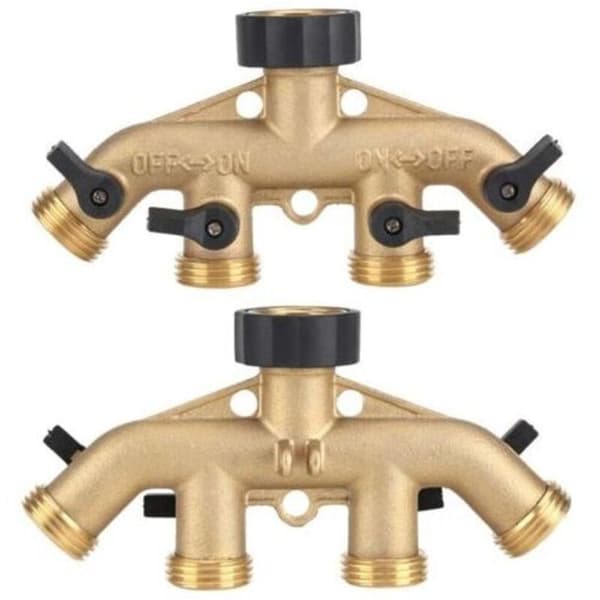 Solid messing 4-veis slangesplitter med stengeventiler, kran og 1,9 cm uttak. Kan bruke opptil 4 slanger samtidig.