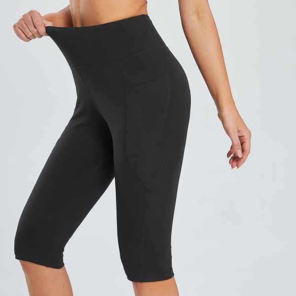 Tflycq Knälånga Leggings för kvinnor med hög midja Yogaträning Träning Capris för casual sommar med fickor Black XL