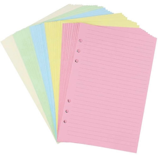 A5 Fargerike 6-hulls Hullark Linjert Refill Innlegg For Personlig Størrelse Organizer Perm, 5-farger, 50 Ark/100 Sider