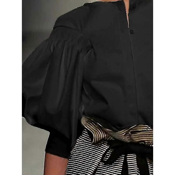 Dam Blus med Puffärm, Knäppning, Halv Ärm, Ledig, Elegant Kontorsskjorta Topp NEHXV