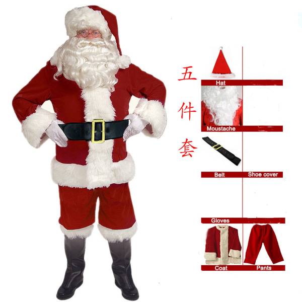 Julkläder Jultomtens kostym guld sammet festlig atmosfär cosplay prestationskläder 5 piece set M