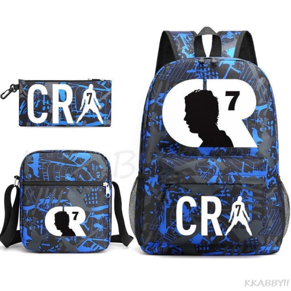 CR7 Skolväskor 3st Stor bokryggsäck för tonåringar Pojkar Flickor Resebärbar dator Mochila Escolars Blue