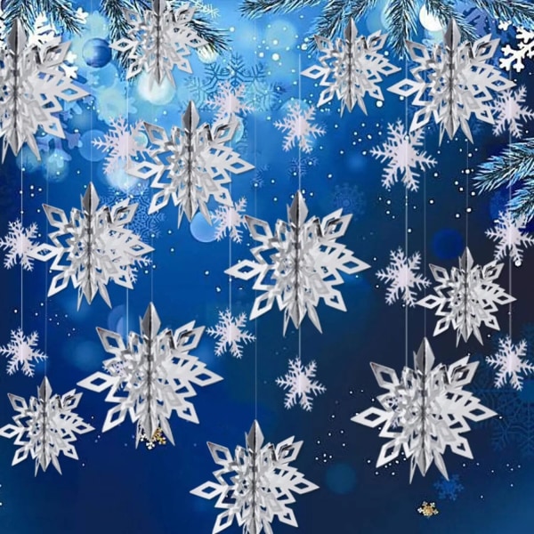 Julgran hängande snöflinga hängsmycke 3D stor snöflinga vitbok snöflingor hängande girlanger för julfestdekorationer 4Meter Gold
