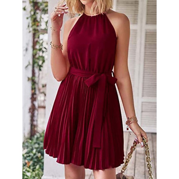 Kort veckad sommarklänning för kvinnor ärmlös klänning med halsringning Burgundy XL