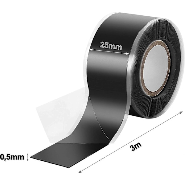 1x 3m itsesulautuva (itsekiinnittyvä) silikoniteippi, eristysteippi ja tiivistysteippi (vesi, ilma), 25mm leveä, musta