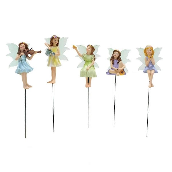 5 st Mini Fälstatyetter Harts Blomsterféer Ornament Blomkruka Insats Liten Fé med Ljus i Mörkret
