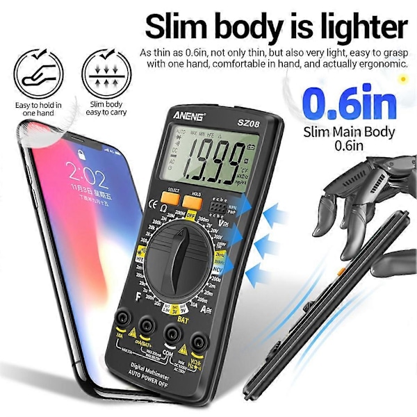 SZ08 Digitalt Multimeter Ultratynt Oppbevaring Profesjonelt Multimetro Auto Voltmeter AC DC Resistans
