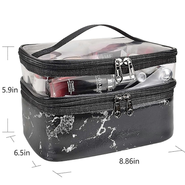 Makeup Tasker Dobbelt Lag Rejse Kosmetik Tasker Makeup Organizer Toilet Tasker (Sort marmor)