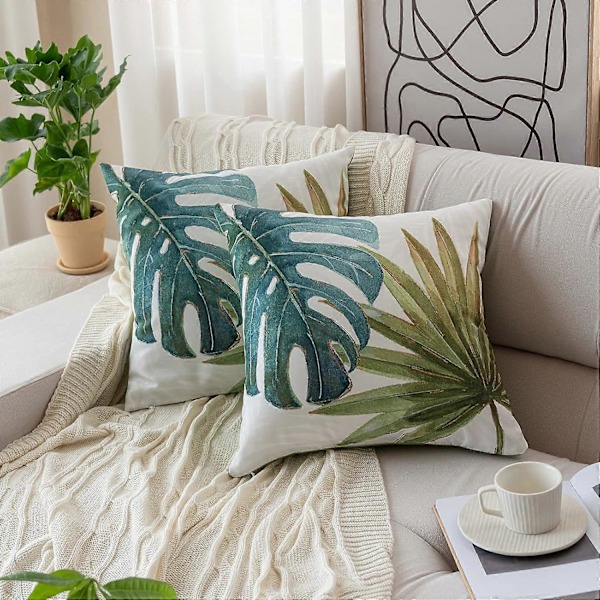 Set med 2 olivgröna tropiska blad prydnadskuddfodral dekorativa botaniska Monstera bananblad soffkuddar bondgård utomhus kuddöverdrag