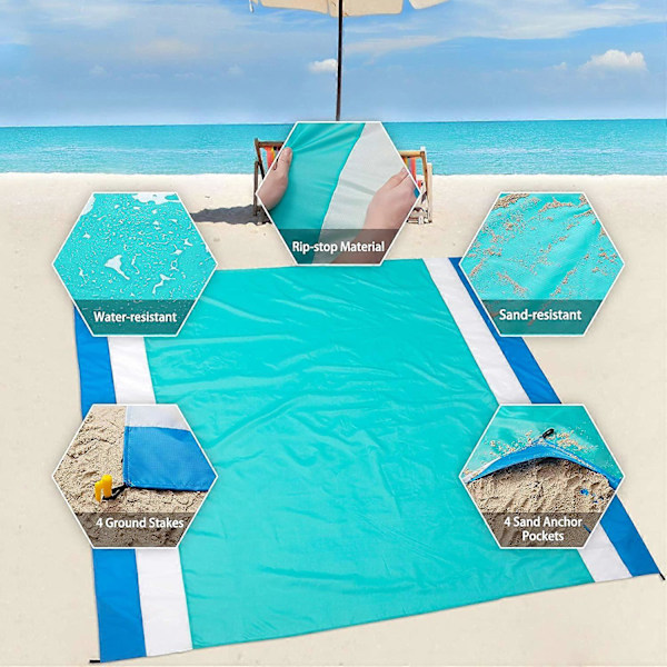 Strandtæppe, sandafvisende strandmåtte 200 x 208 cm, egnet til 1-3 voksne, vandtæt letvægts picnicmåtte til rejser, camping, vandring (søblå)
