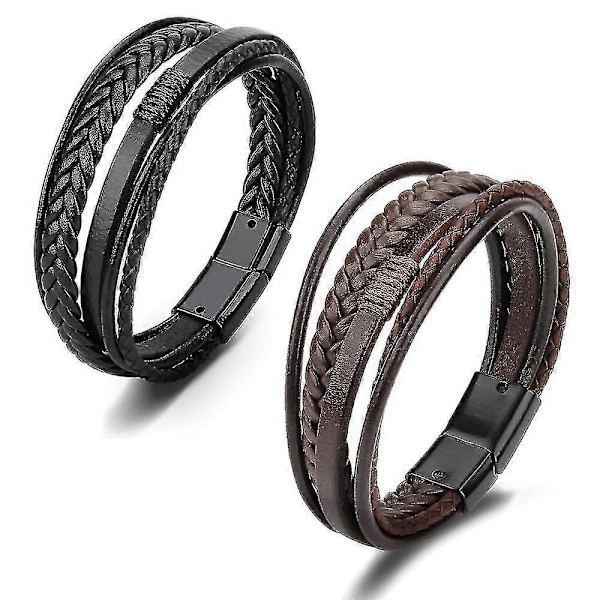 Trendiga Äkta Läderarmband Män Rostfritt Stål Flerskikts Flätade Reparmband För Ma