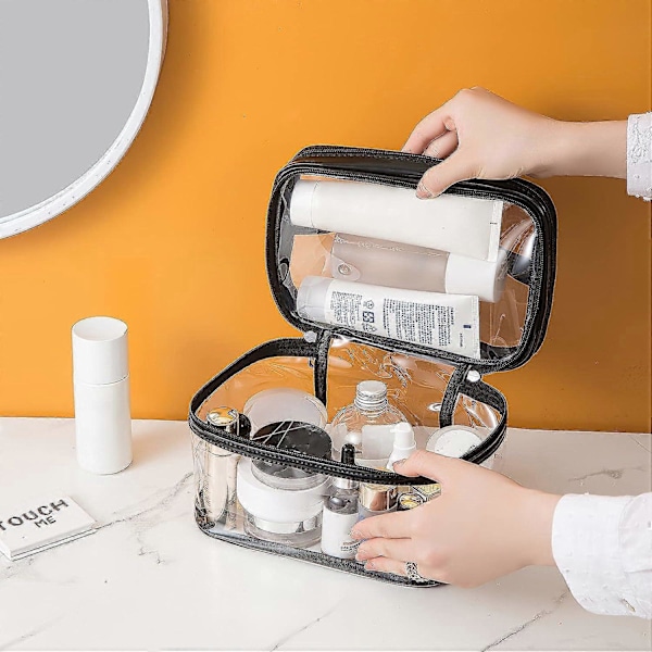 1 stk. Klar Makeup Taske Rejse Toilet Taske til Kvinder Vandtæt Kosmetik Taske Lille Stor Sød Makeup Taske Dobbelt Lag Rejse Sort Makeup Taske (Sort)