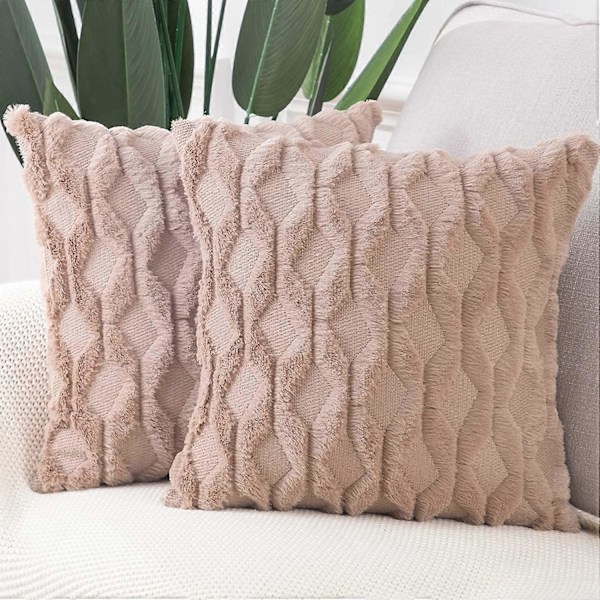 Sæt med 2 bløde plys korte uld velvet dekorative pudebetræk luksus stil pyntepudebetræk pudebetræk til sofa soveværelse firkantet lysebrun 22x22