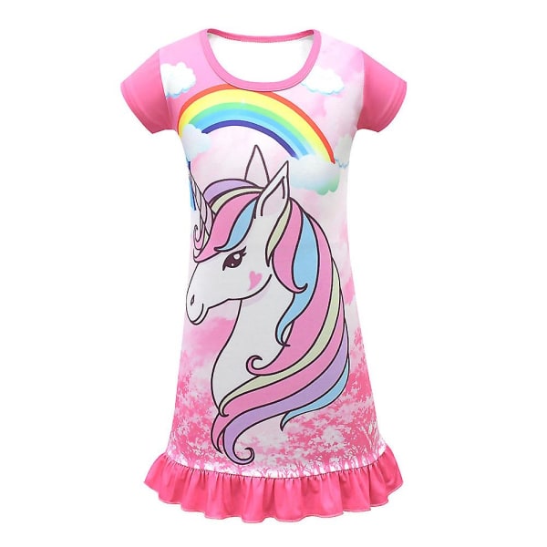 Barn Flickor Unicorn Nattlinne Volang Pyjamas Sovkläder Klänning Rose Red 130cm