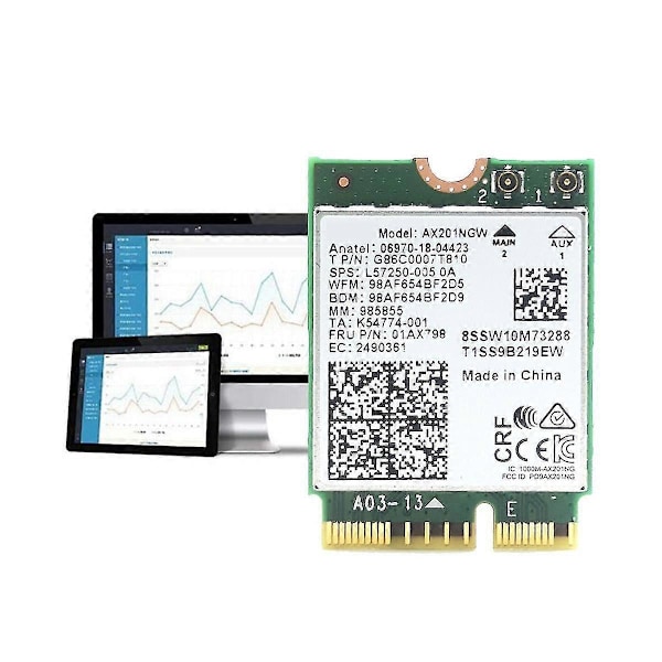 AX201 AX201NGW WiFi Kort med 2XAntenne M.2 CNVio2 2.4 Ghz/5Ghz WiFi 6 3000Mbps Bluetooth 5.1 WiFi