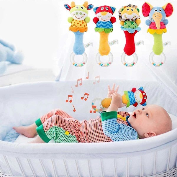 Mjuk Babyskallra Sensorisk Leksak - 4-Pack Nyfödd Plysch Skallra Djurgrepp Set
