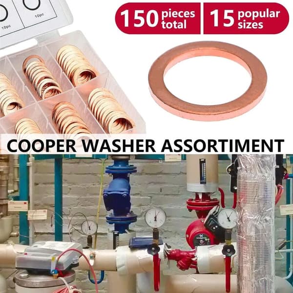 150 st 15 specifikationer tätningsringar, kopparbrickor sortimentssats, kopparbrickor tätningsring med låda