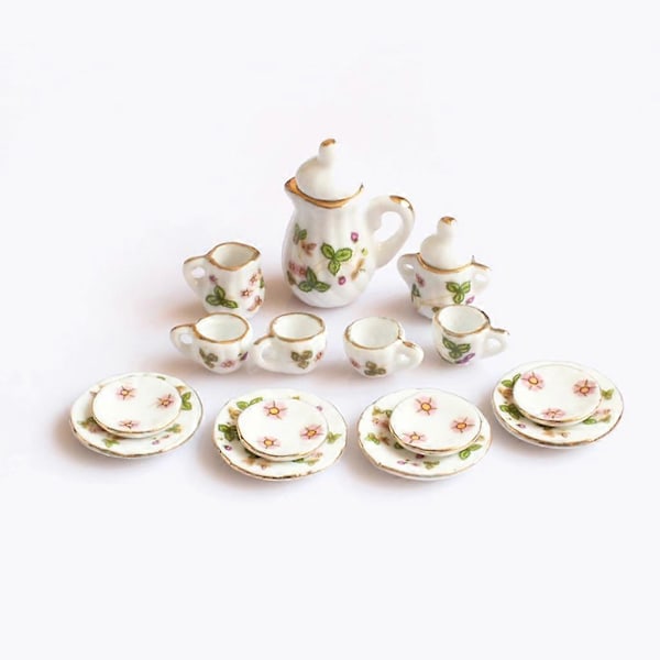15 Dele 1/12 Dukkehus Miniature Grøn Blomst Spisestel Porcelæn Te Sæt