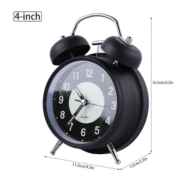 4 Tums Luminous Väckarklocka, Tickfri Analog Retro Kvarts Dubbelklocka Med Hög Alarm (svart)