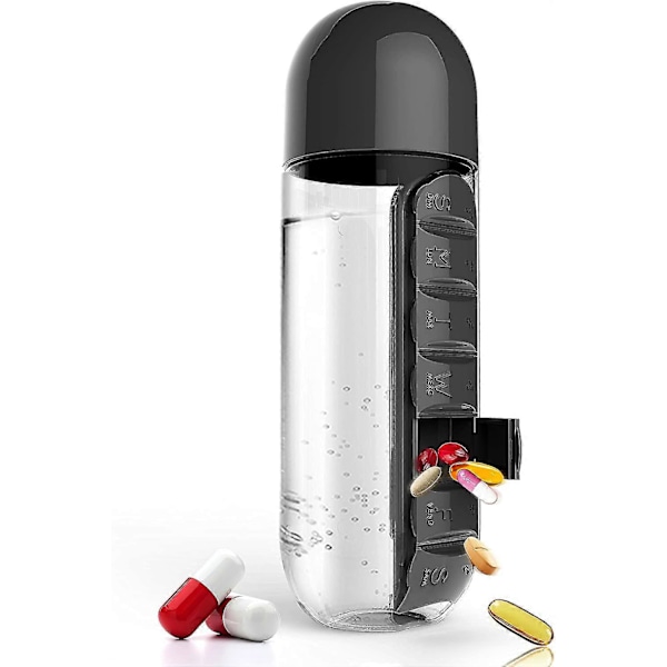 Pilleorganisator Vandflaske 7 Dages Medicinholder Med Ugentlige Dispensere Kapsel Drikkeflaske Sort