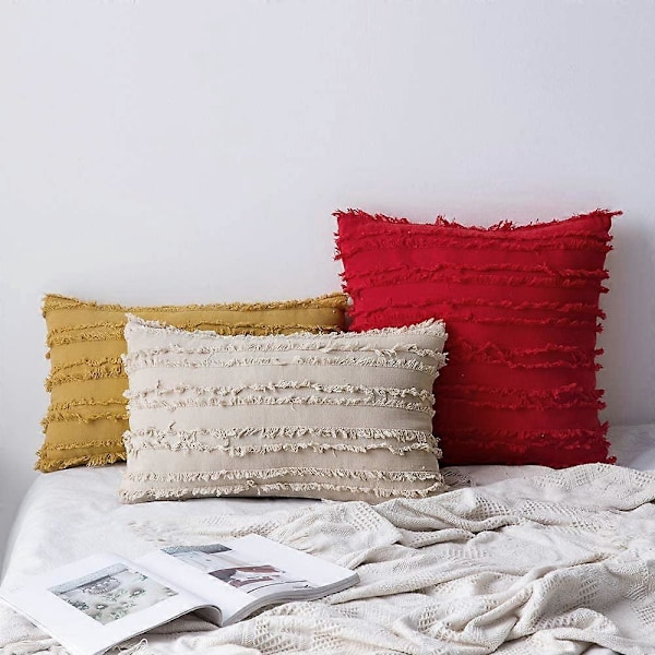 Set med 2 dekorativa Boho prydnadskuddfodral linne randigt jacquardmönster kuddfodral för soffa vardagsrum sovrum 30x50 cm beige
