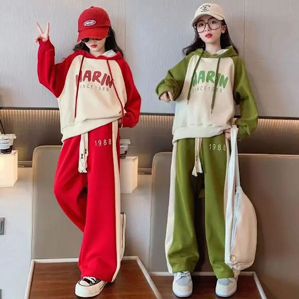 Flickor 2023 Ny Höst Vår Mode Långärmad Luvtröja+Byxor 2st Kostymer 5-14 år Teeange Casual Outifts Barnkläder Set Red 13-14T 170