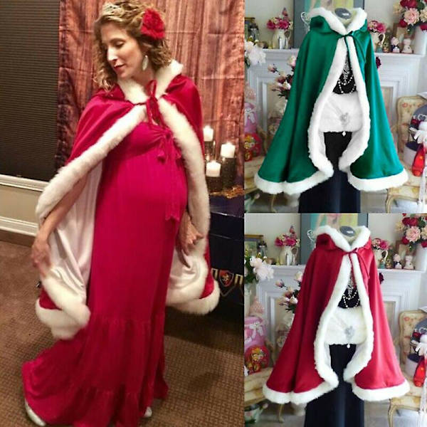 Xmas Jul Vuxna Damer Mrs Santa Claus Finklänning Kostym Kappa Cape Grön Röd Vit red