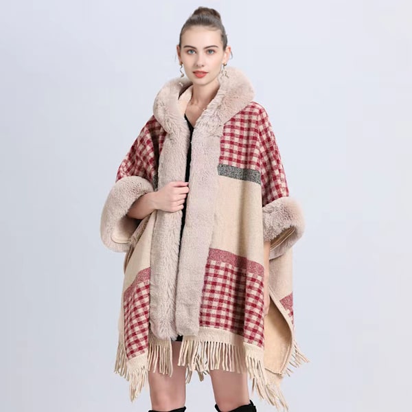 Höstens och vinterns moderiktiga capesjal plus sammetsförtjockade pälskrage rutig huva tofs stickad sjalcape red plaid plus velvet 80-100cm