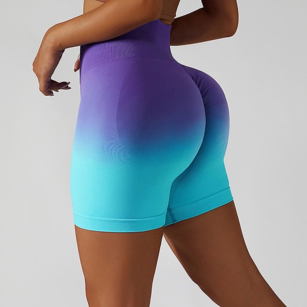 Gradient Seamless Gym Byxa Butt Lift Slim Fit Shorts Purple Blue L