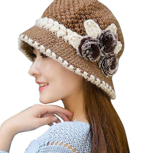 5 färger Vinter Varm Casual Vacker Ull Virkade Stickade Blommor Dekorerade Öron Hattar Mode Dam Dam Vinter Varm Virkad Stickade Blommor Dekorera Khaki