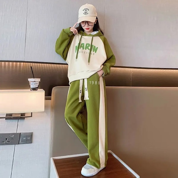 Flickor 2023 Ny Höst Vår Mode Långärmad Luvtröja+Byxor 2st Kostymer 5-14 år Teeange Casual Outifts Barnkläder Set Green 5-6T 120