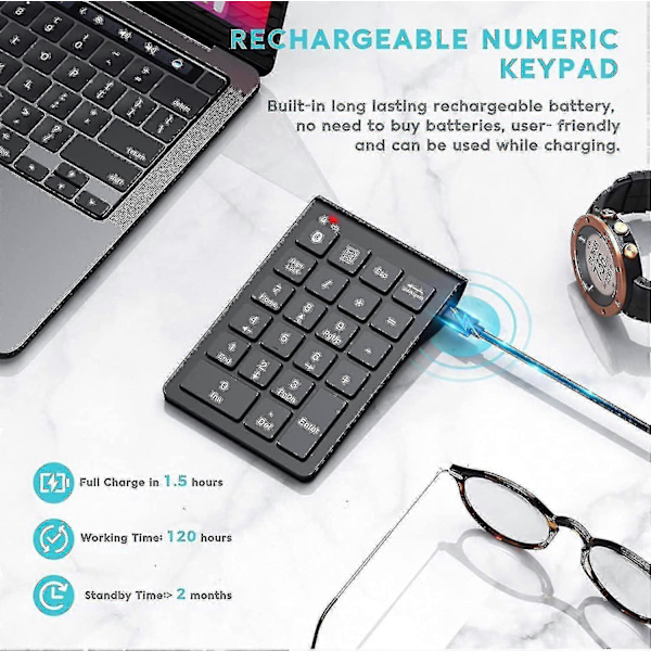 Bluetooth Num Pad, Oppladbart Trådløst Numerisk Tastatur, 22 Taster Bærbar Slank Numpad Finansregnskap Bluetooth 10 Taster Hs-jie